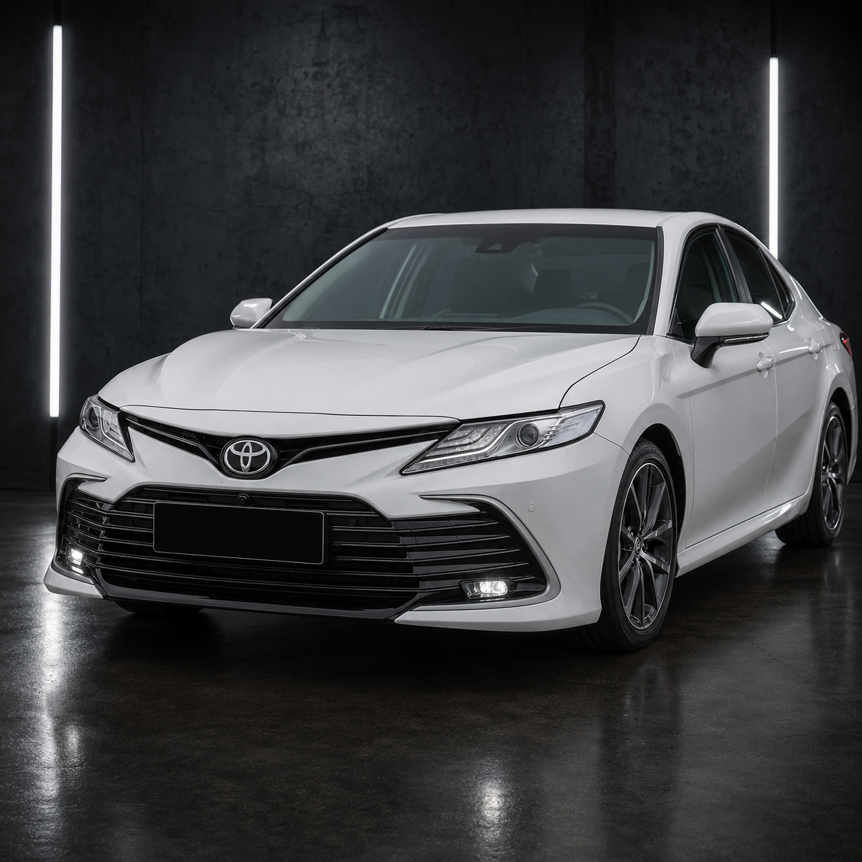 2021-2024 Toyota Camry LE XLE gloss black front grille with LED fog lights installed