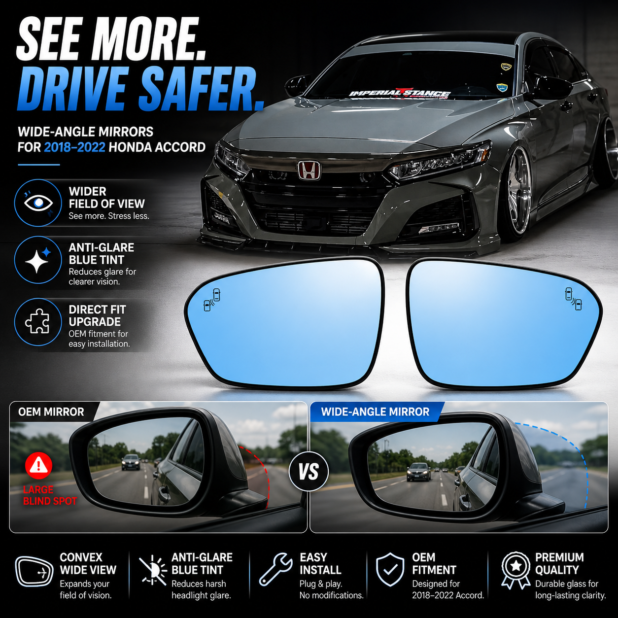 2018-2022 Honda Accord Wide Angle Side Mirrors Elite Series | HiRev Sports