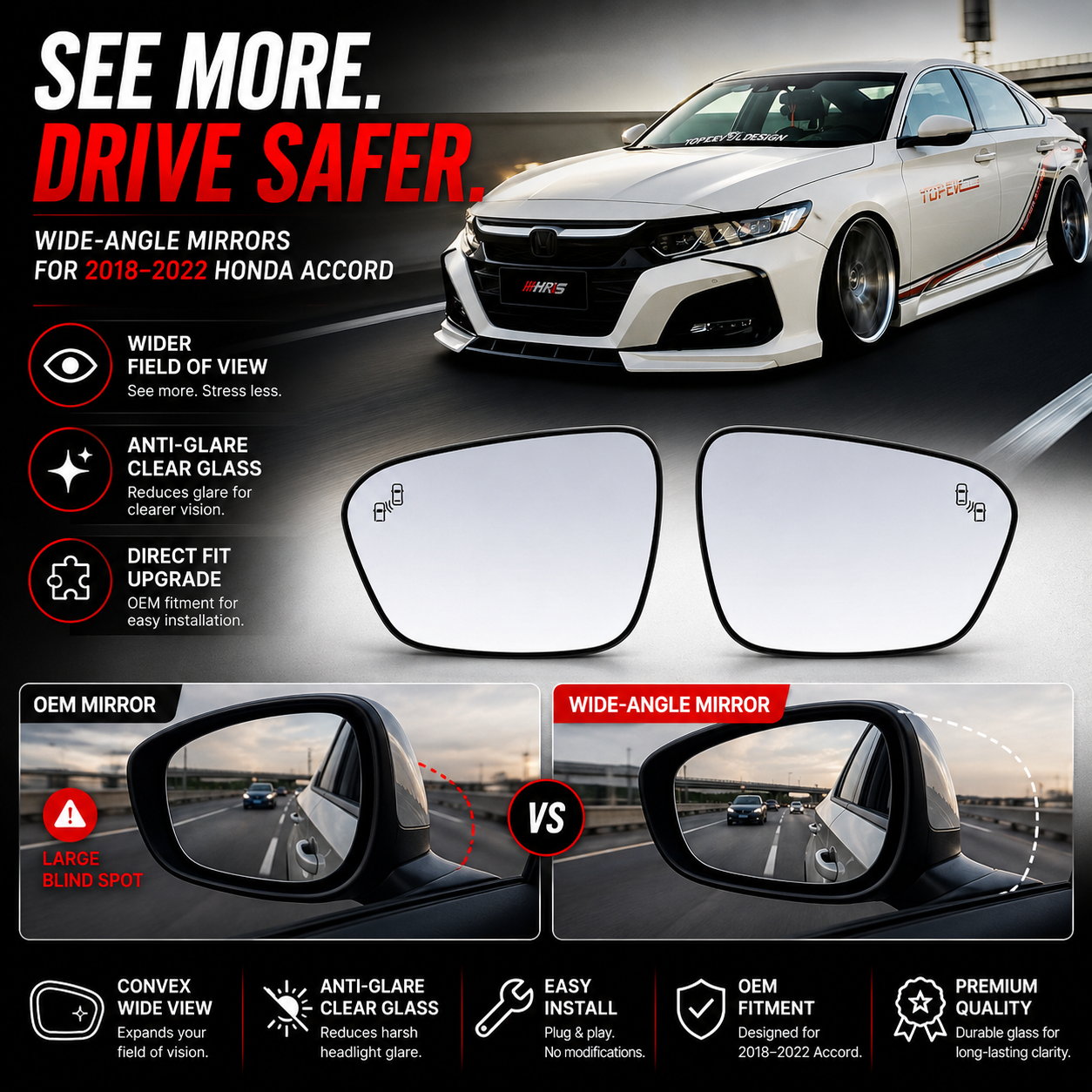 2018-2022 Honda Accord Wide Angle Side Mirrors Elite Series | HiRev Sports