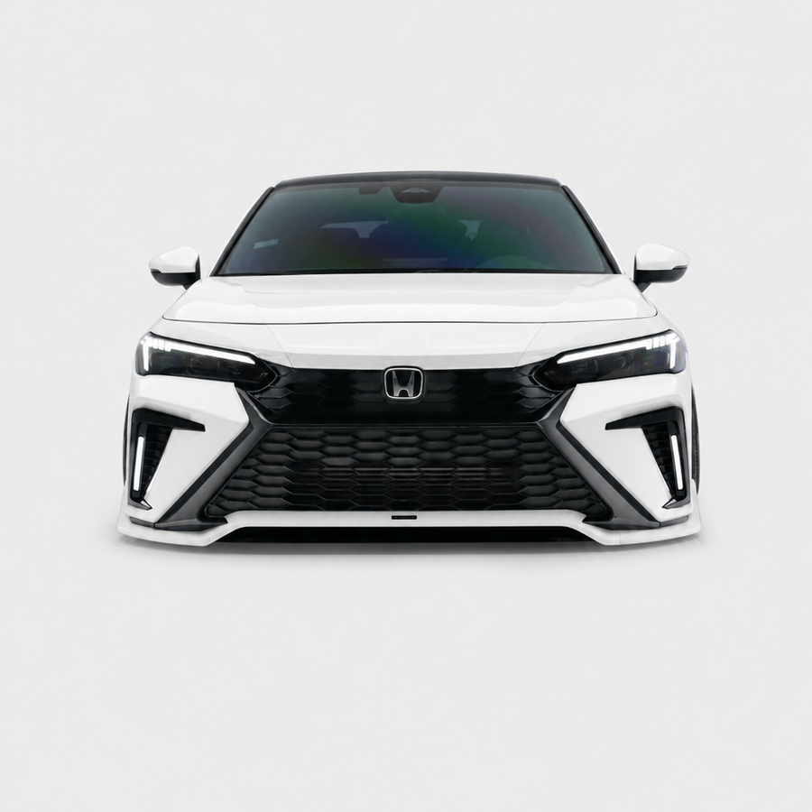 Head-on view of a white 2025-2026 Honda Civic with YOFER Modular Series front bumper, honeycomb grille and vertical DRLs