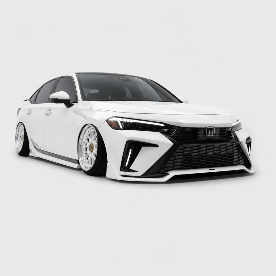 White 2025-2026 Honda Civic sedan with YOFER Modular Series front bumper, driver-side front three-quarter view