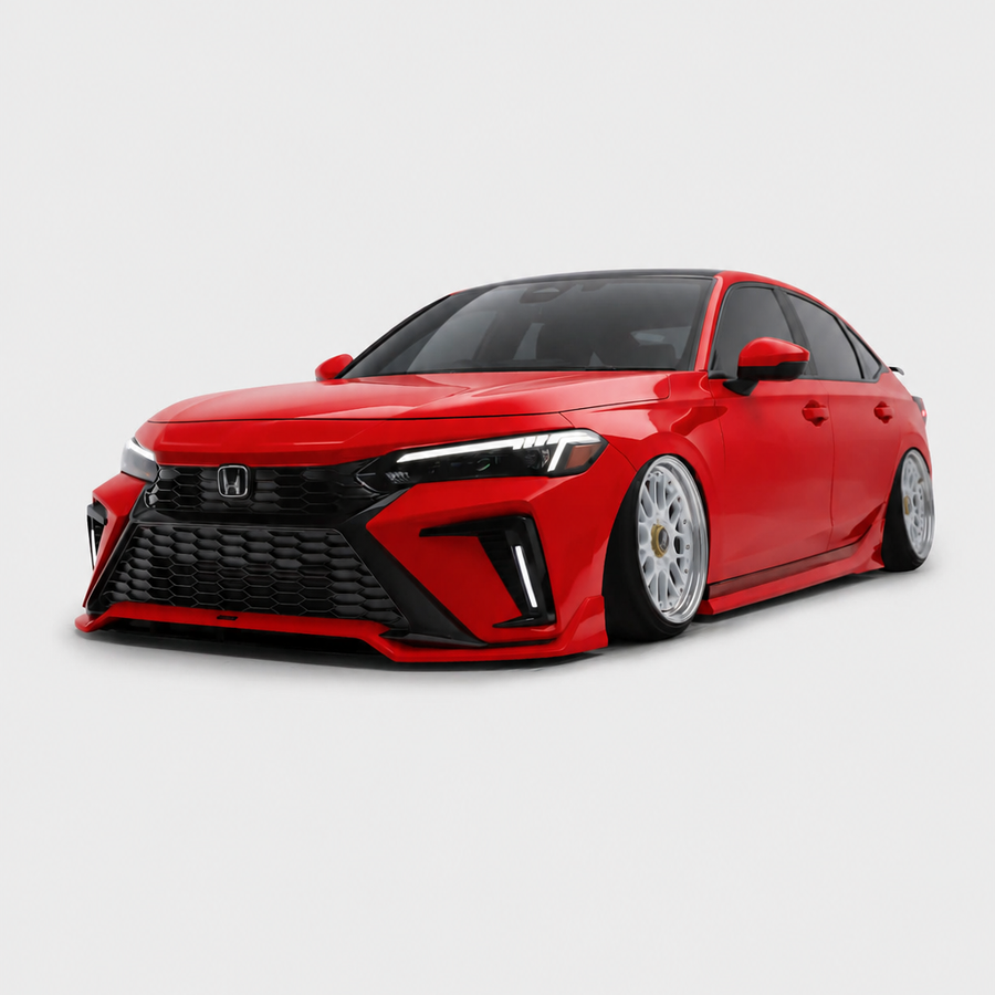 Red 2025-2026 Honda Civic sedan with YOFER Modular Series front bumper, passenger-side front three-quarter view