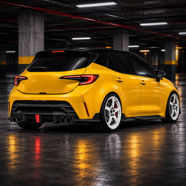 YOFER rear diffuser installed on 2023–2026 Toyota Corolla Hatchback – rear exterior view