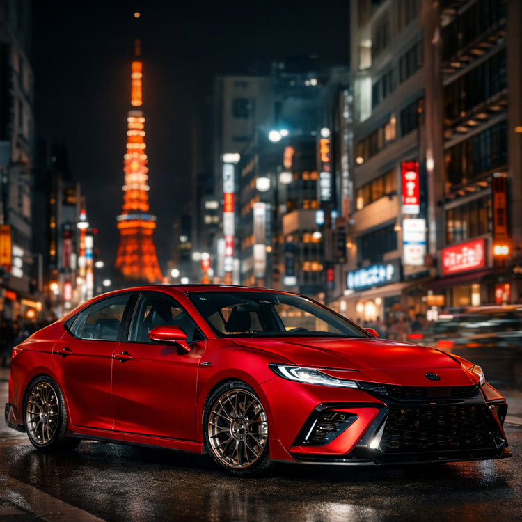 2025-2026 Toyota Camry in Supersonic Red with the YOFER front bumper,
front three-quarter view on a wet neon-lit street at night