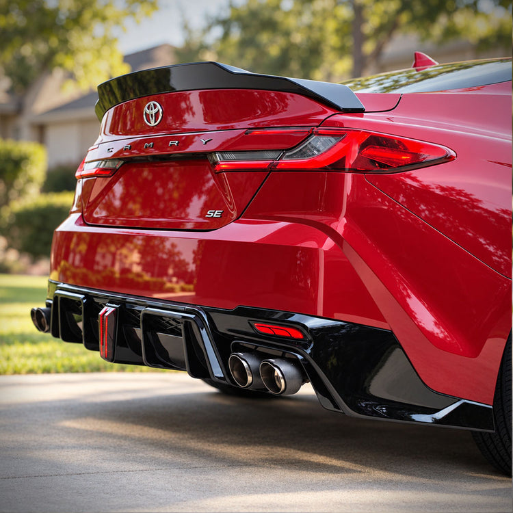 Red 2025-26 Toyota Camry SE with YOFER quad exhaust and rear diffuser – rear three-quarter view