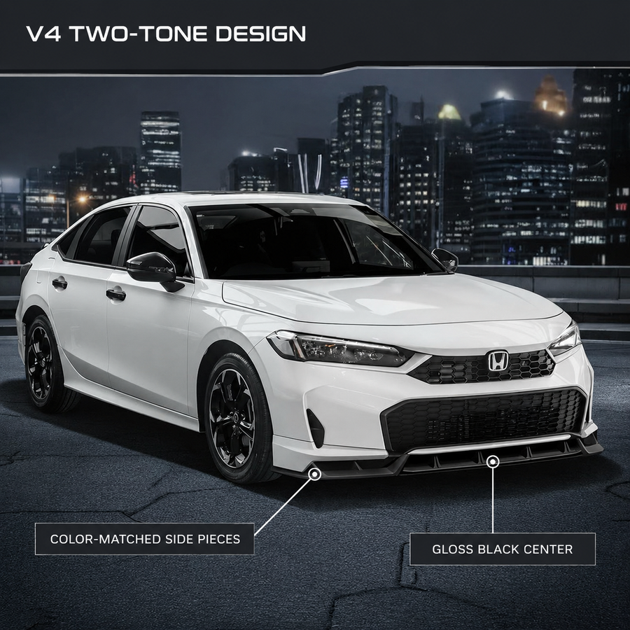YOFER V4 Honda Civic front lip with color-matched side pieces and gloss black center
